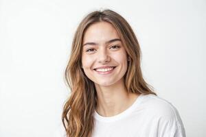 48158832 portret van een glimlachen jong vrouw met lang bruin haar gratis foto